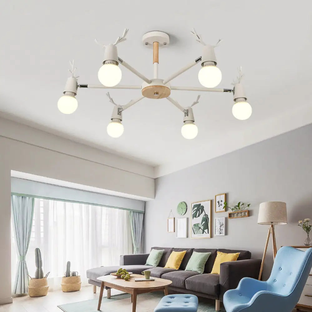 Kids’ Bedroom Semi Flush Ceiling Light With Modern Antler Decoration 6 / White