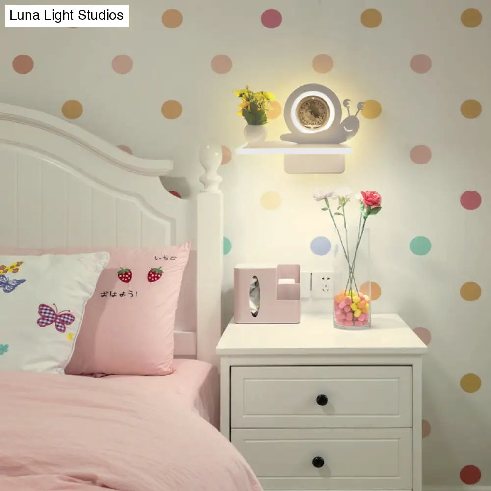 Kids Bedroom Wall Light: Contemporary Cartoon Pattern Led Sconce Lamp With Shelf - White Acrylic