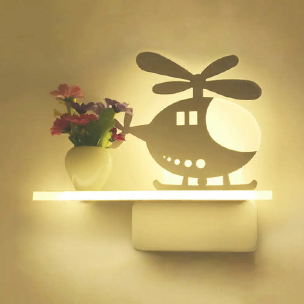 Kids Bedroom Wall Light: Contemporary Cartoon Pattern Led Sconce Lamp With Shelf - White Acrylic / C