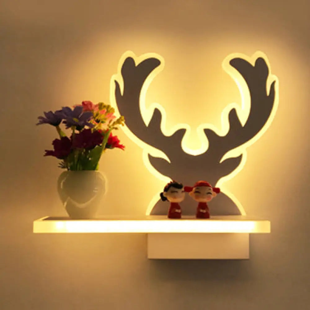 Kids Bedroom Wall Light: Contemporary Cartoon Pattern Led Sconce Lamp With Shelf - White Acrylic / E