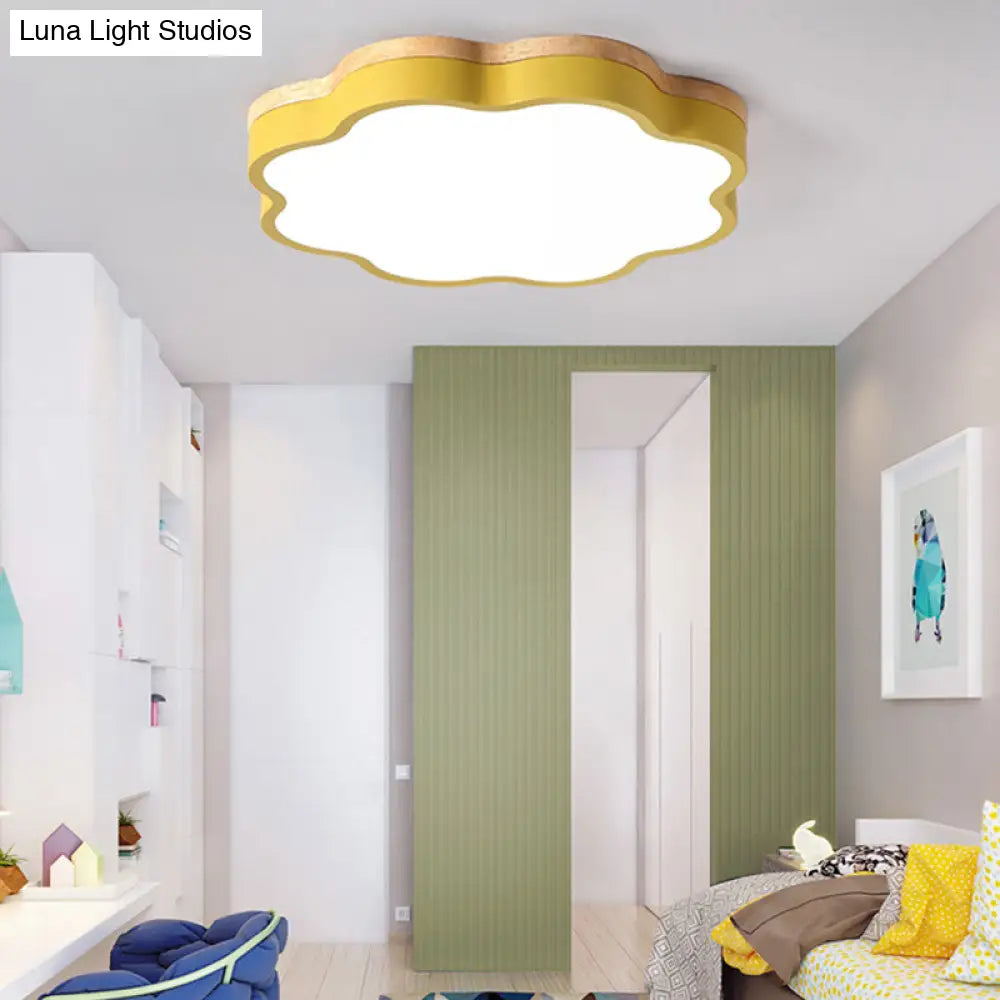 Kids Bedroom Wood Led Flush Mount Ceiling Light With Floral Shade Yellow / 16 Natural