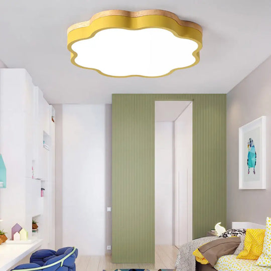 Kids Bedroom Wood Led Flush Mount Ceiling Light With Floral Shade Yellow / 16’ Natural
