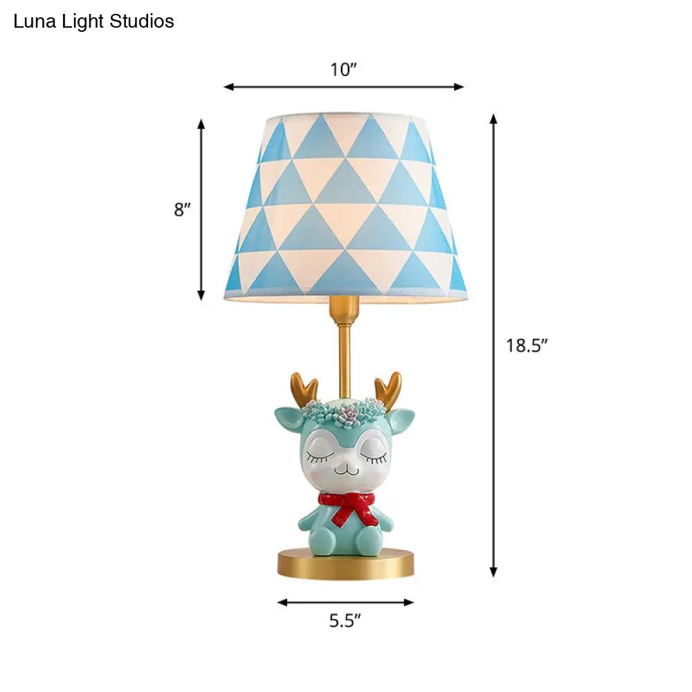 Kids Bedside Nightstand Lamp: Fabric Tapered Drum Table Light With Resin Deer Accent