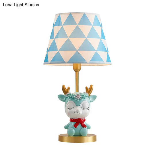 Kids Bedside Nightstand Lamp: Fabric Tapered Drum Table Light With Resin Deer Accent