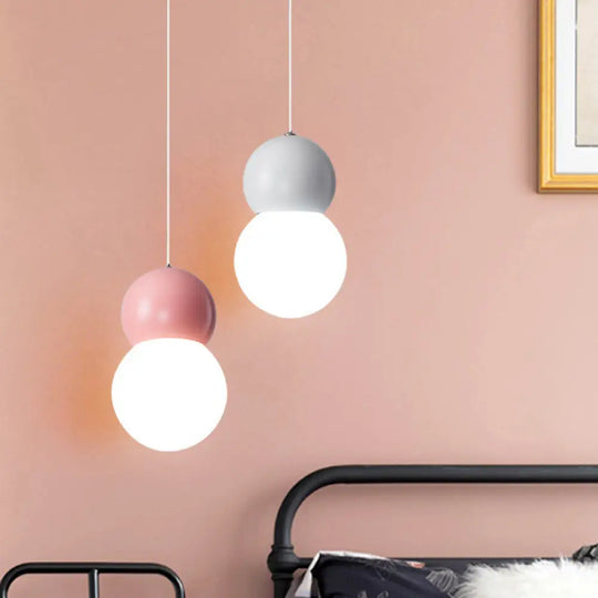 Kids Bedside Pendulum Light - Gourd Shape Milky Glass Macaron Ceiling Pendant Pink/Yellow/Blue Pink