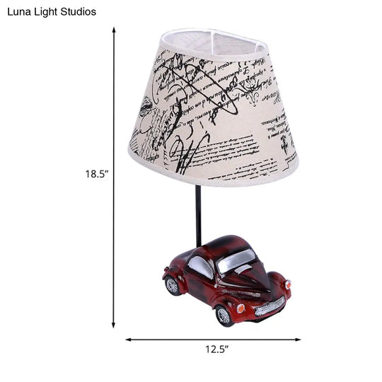 Kids Beige Barrel Night Table Lamp With Car Base - 1-Light Fabric Bedroom Nightstand Light