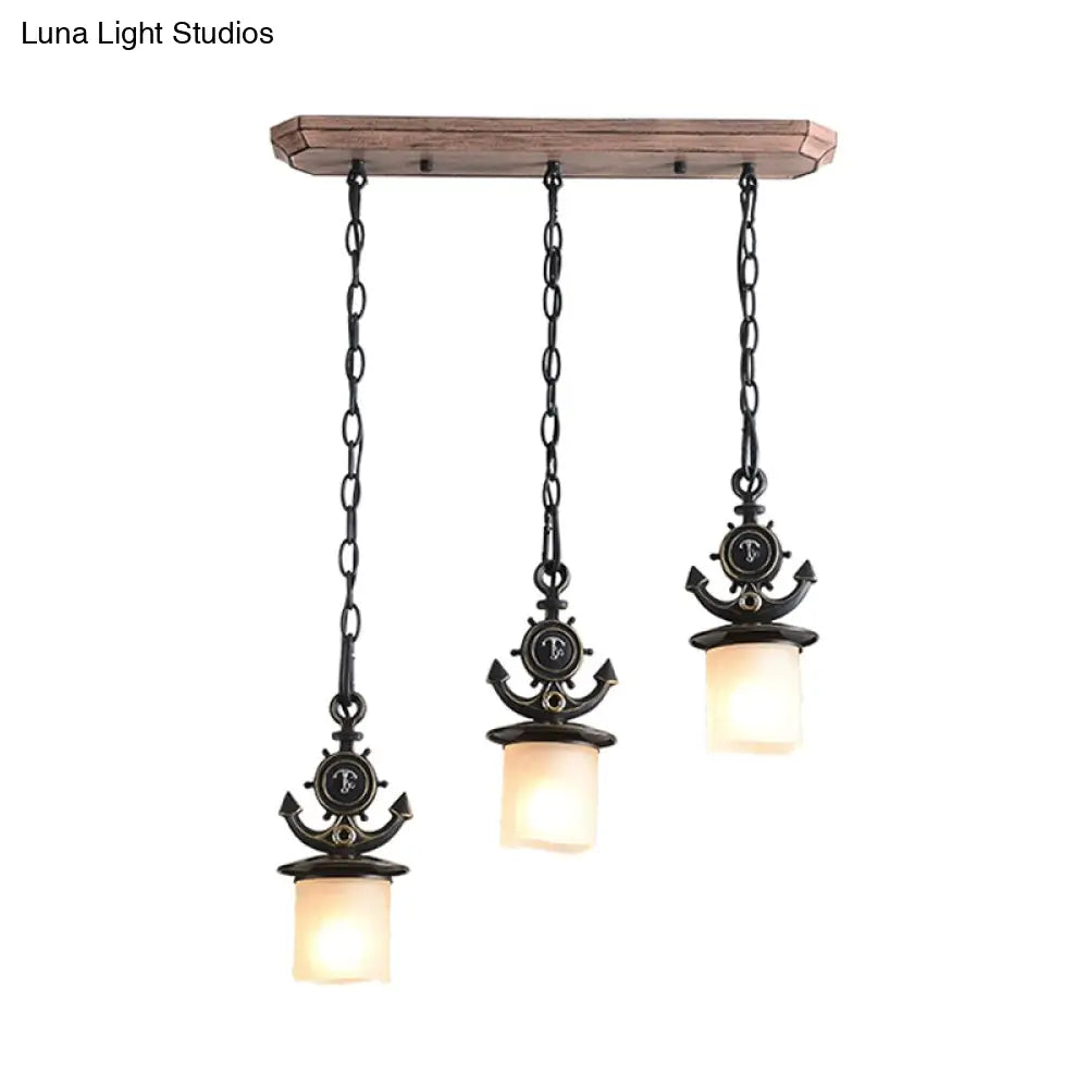 Kids Black Cylinder Pendant Light With Anchor Top - 3 Bulbs White Glass Hanging Lamp Kit