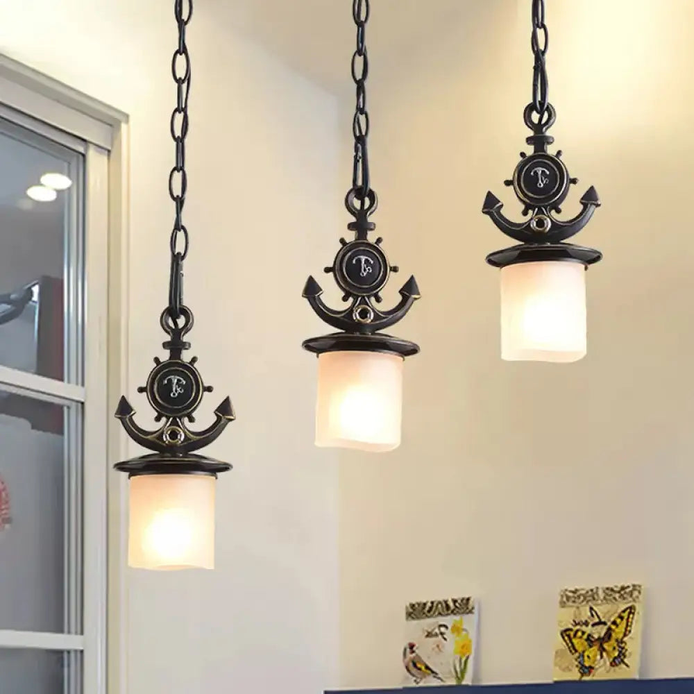 Kids Black Cylinder Pendant Light With Anchor Top - 3 Bulbs White Glass Hanging Lamp Kit