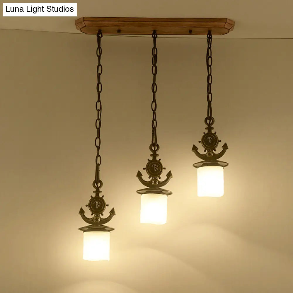 Kids Black Cylinder Pendant Light With Anchor Top - 3 Bulbs White Glass Hanging Lamp Kit