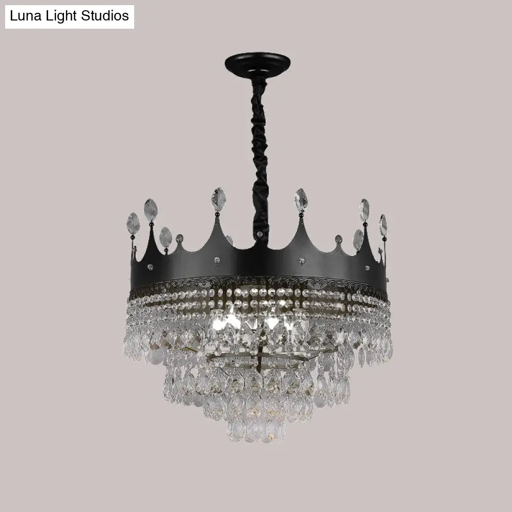 Kids Black Metal Crown Chandelier Lighting With Crystal Drop Decor - 4/5/6 Lights Ideal For Dining