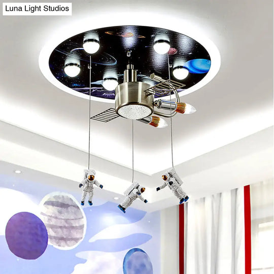 Kids Black Space Satellite Flushmount Lighting With Acrylic Shade - 9-Bulb Ceiling Flush Mount