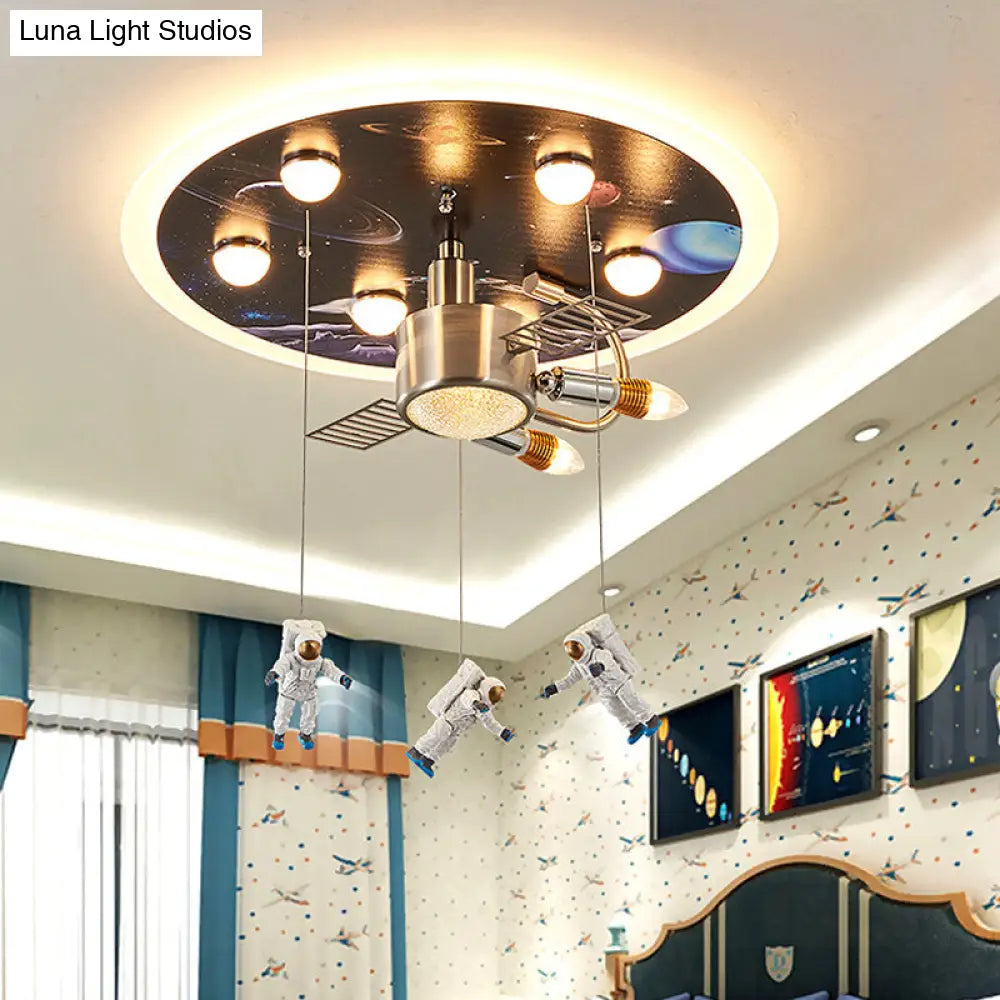 Kids Black Space Satellite Flushmount Lighting With Acrylic Shade - 9-Bulb Ceiling Flush Mount