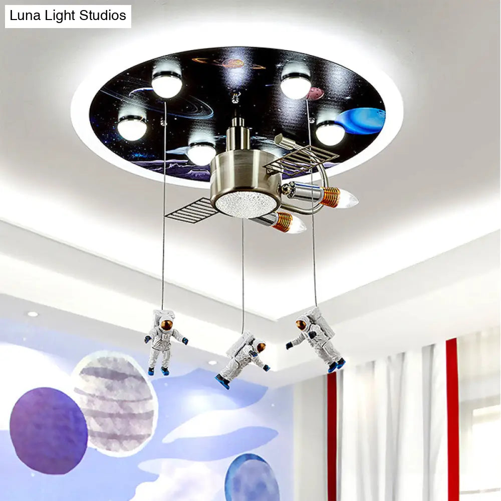 Kids Black Space Satellite Flushmount Lighting With Acrylic Shade - 9 - Bulb Ceiling Flush Mount