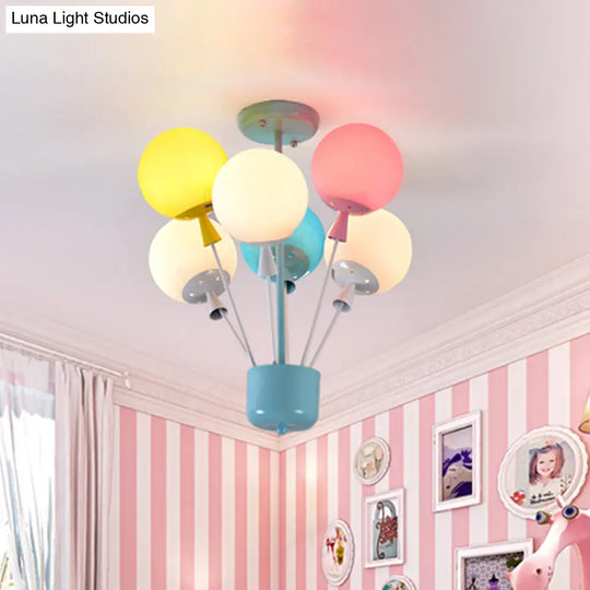 Kids Blue Ceiling Light: 6 Lights Nursery Semi Flush Mount With Colorful Balloon Glass Shades