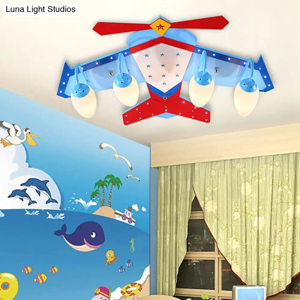 Kids Blue Flush Mount Fixture With Oval Cream Glass Shade - Wooden Plane Ceiling Light In Wood