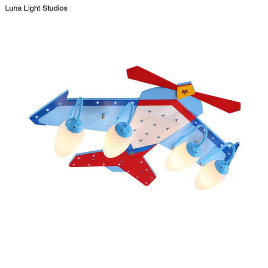 Kids Blue Flush Mount Fixture With Oval Cream Glass Shade - Wooden Plane Ceiling Light In Wood