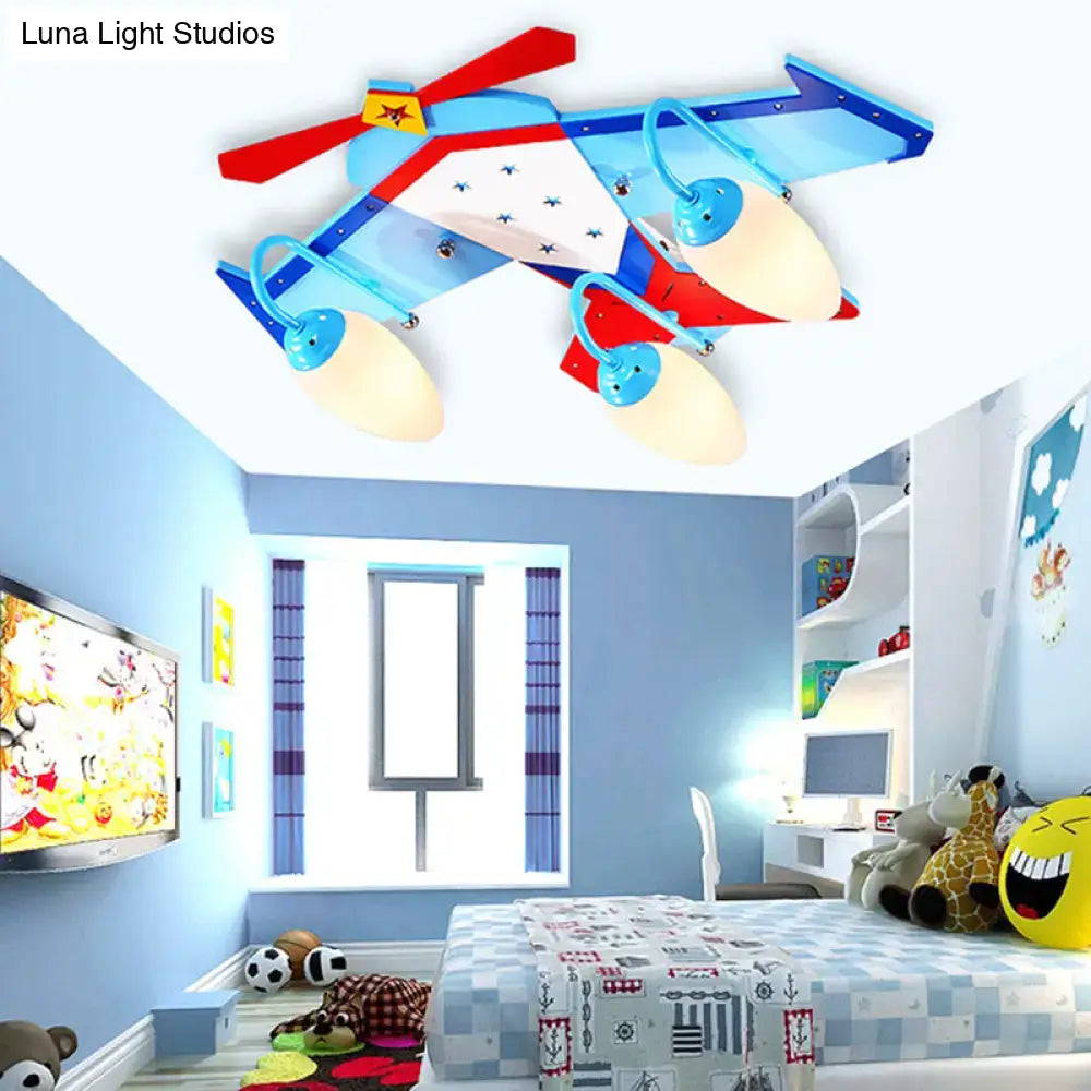 Kids Blue Flush Mount Fixture With Oval Cream Glass Shade - Wooden Plane Ceiling Light In Wood