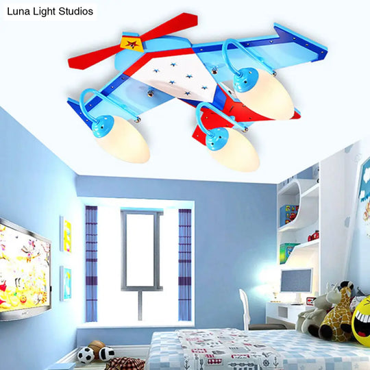 Kids Blue Flush Mount Fixture With Oval Cream Glass Shade - Wooden Plane Ceiling Light In Wood