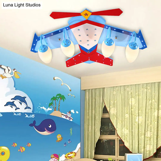 Kids Blue Flush Mount Fixture With Oval Cream Glass Shade - Wooden Plane Ceiling Light In Wood