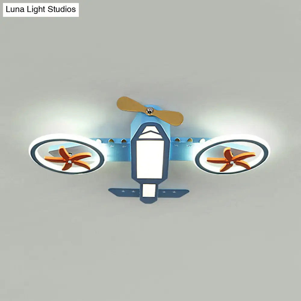 Kids’ Blue Jet Plane Ceiling Light With Spinnable Wing And Led Flush Mount