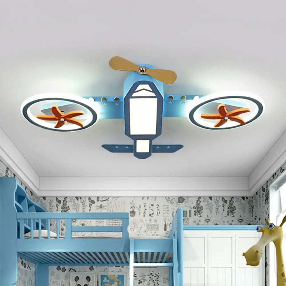 Kids’ Blue Jet Plane Ceiling Light With Spinnable Wing And Led Flush Mount