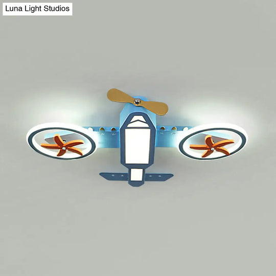 Kids Blue Jet Plane Ceiling Light With Spinnable Wing And Led Flush Mount