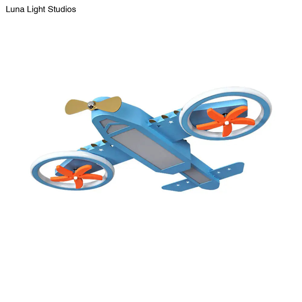 Kids’ Blue Jet Plane Ceiling Light With Spinnable Wing And Led Flush Mount