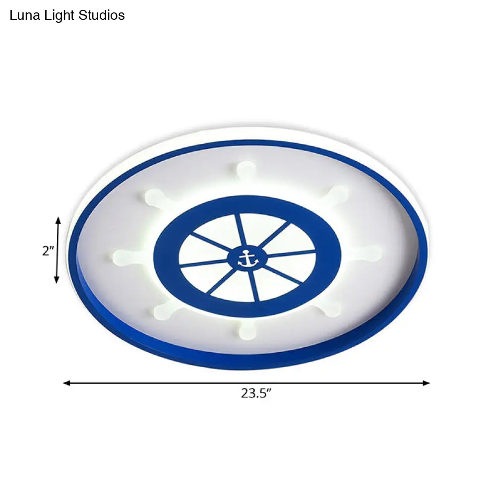 Kid’s Blue Round Ceiling Light With Rudder Design And Led Acrylic - 18’/23.5’ Wide In Warm/White