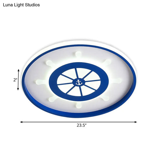 Kid’s Blue Round Ceiling Light With Rudder Design And Led Acrylic - 18’/23.5’ Wide In Warm/White