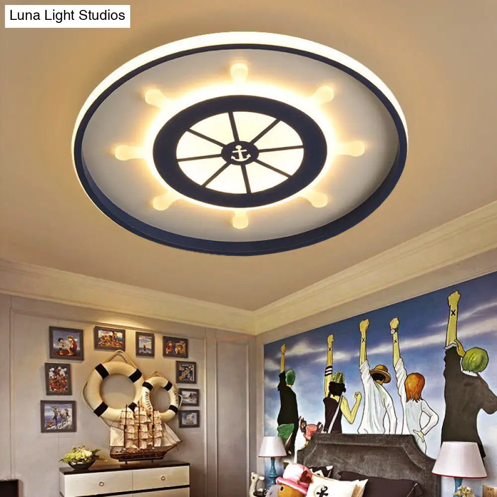 Kids Blue Round Ceiling Light With Rudder Design And Led Acrylic - 18/23.5 Wide In Warm/White