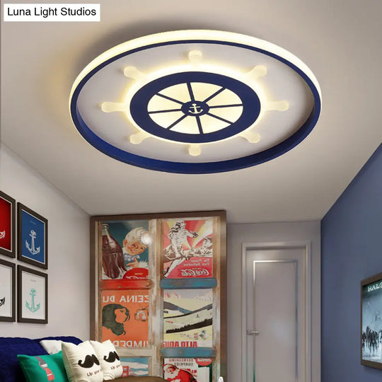 Kid’s Blue Round Ceiling Light With Rudder Design And Led Acrylic - 18’/23.5’ Wide In Warm/White