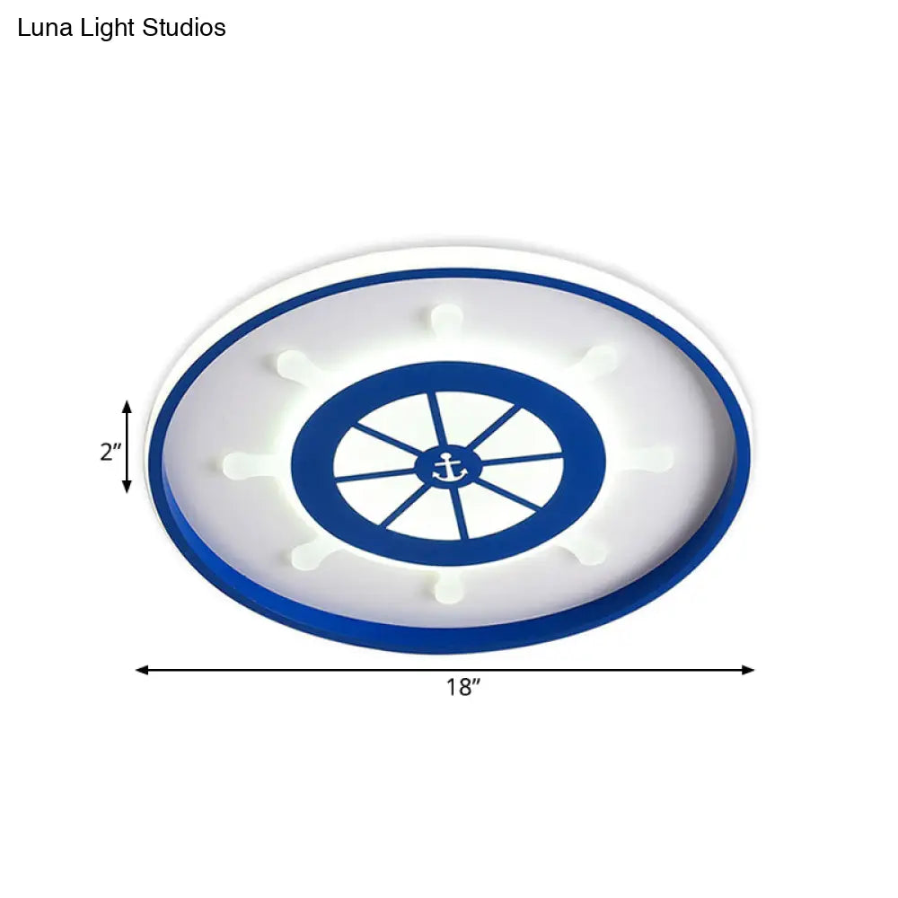 Kid’s Blue Round Ceiling Light With Rudder Design And Led Acrylic - 18’/23.5’ Wide In Warm/White