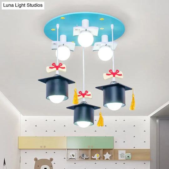 Kids Blue Square Cap Resin Ceiling Light With 3 Flush Lights For Bedroom