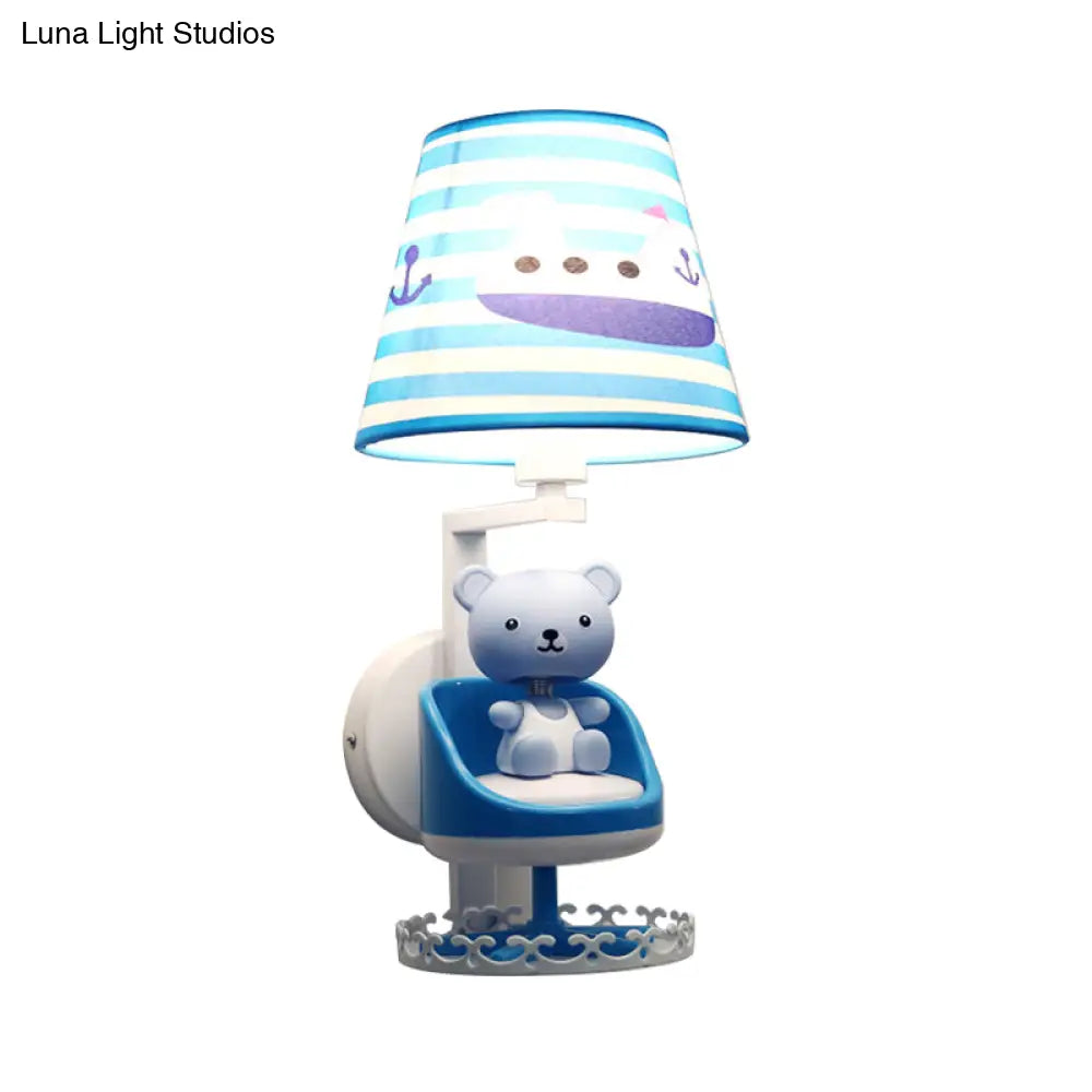 Kids Blue Wall Light With Nursing Room Toy Bear And Ship Fabric