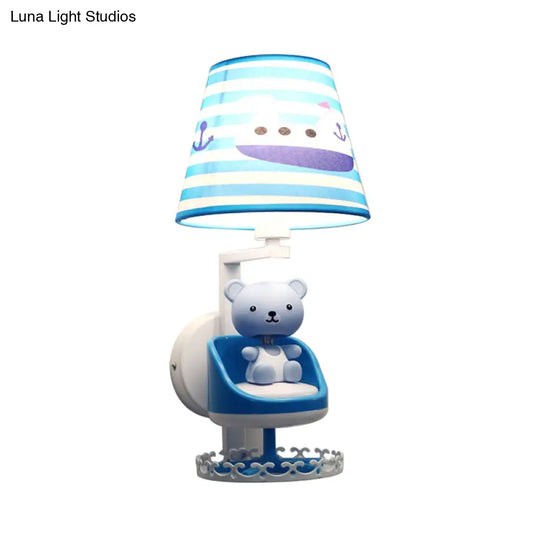 Kids Blue Wall Light With Nursing Room Toy Bear And Ship Fabric