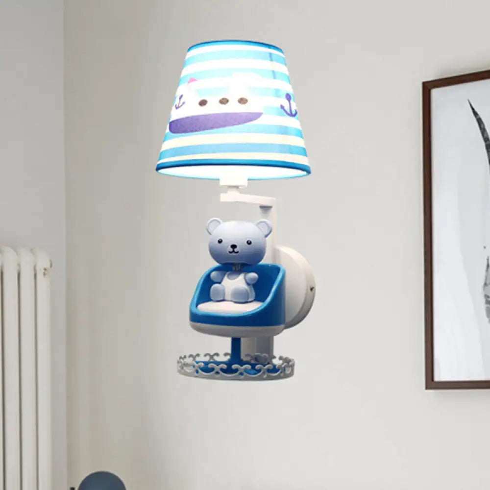 Kids Blue Wall Light With Nursing Room Toy Bear And Ship Fabric