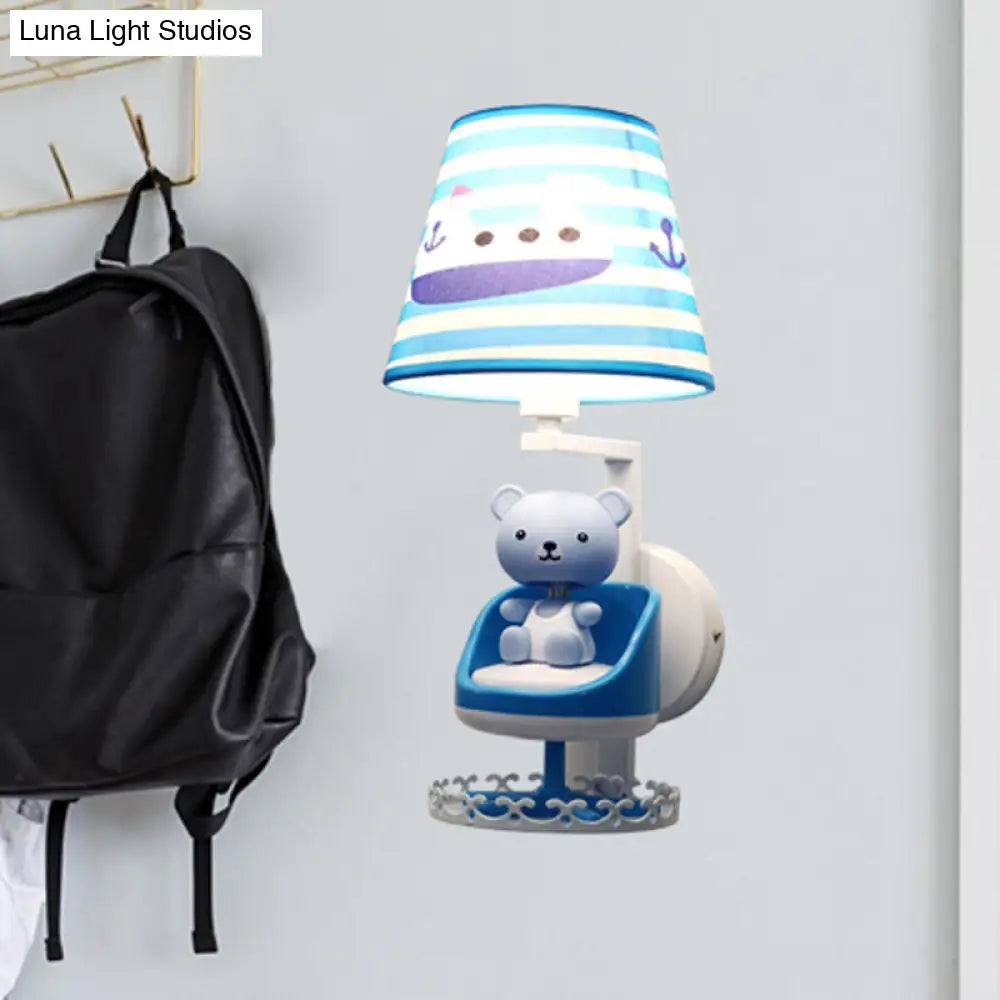 Kids Blue Wall Light With Nursing Room Toy Bear And Ship Fabric