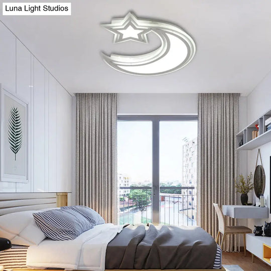 Kids Cartoon Acrylic Led Flush Ceiling Light - Crescent And Star Design For Bedroom