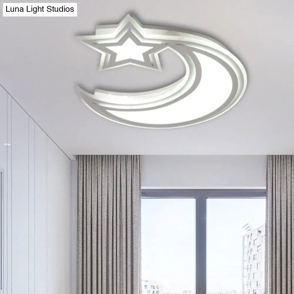Kids Cartoon Acrylic Led Flush Ceiling Light - Crescent And Star Design For Bedroom White /