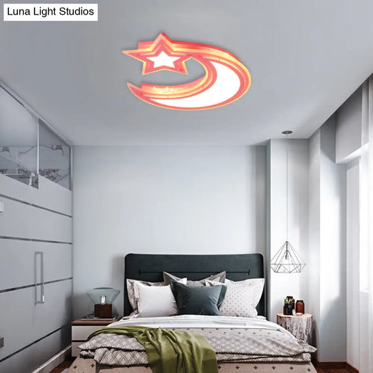 Kids’ Cartoon Acrylic Led Flush Ceiling Light - Crescent And Star Design For Bedroom