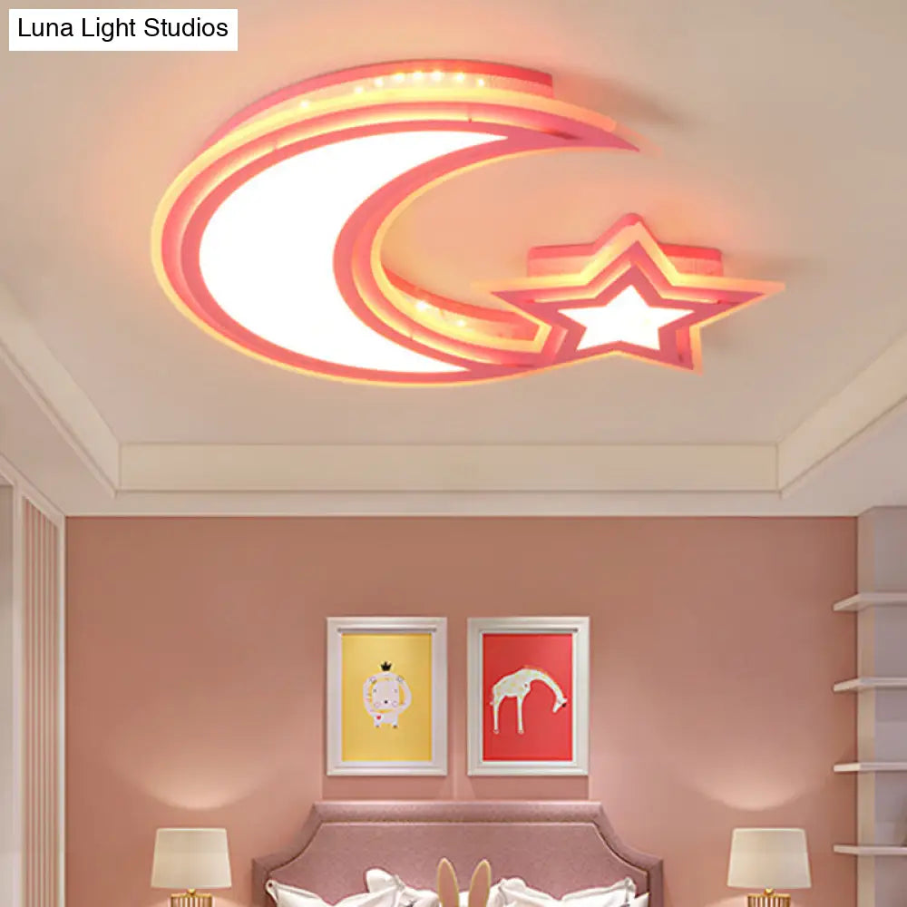 Kids Cartoon Acrylic Led Flush Ceiling Light - Crescent And Star Design For Bedroom Pink / White