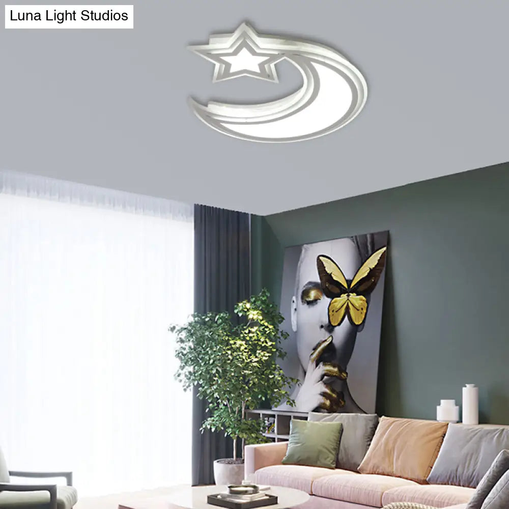 Kids’ Cartoon Acrylic Led Flush Ceiling Light - Crescent And Star Design For Bedroom