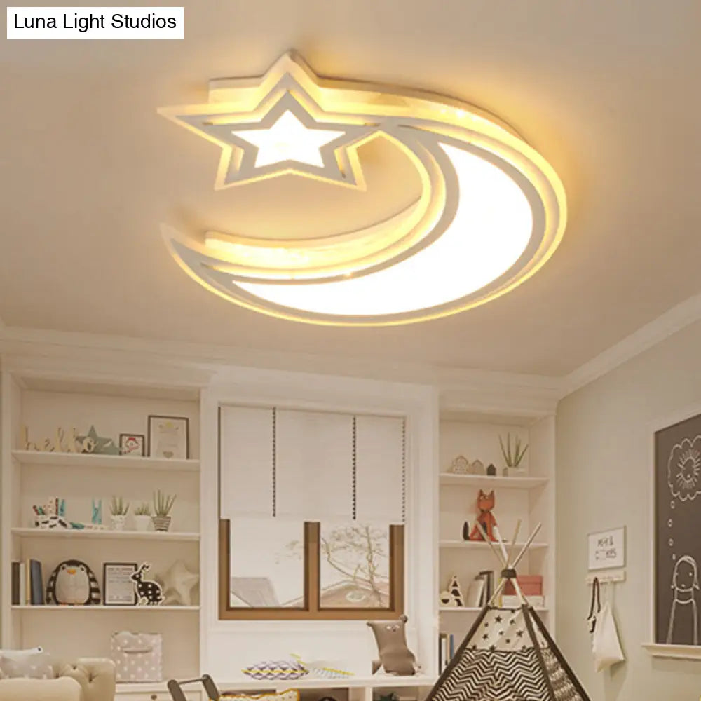 Kids’ Cartoon Acrylic Led Flush Ceiling Light - Crescent And Star Design For Bedroom