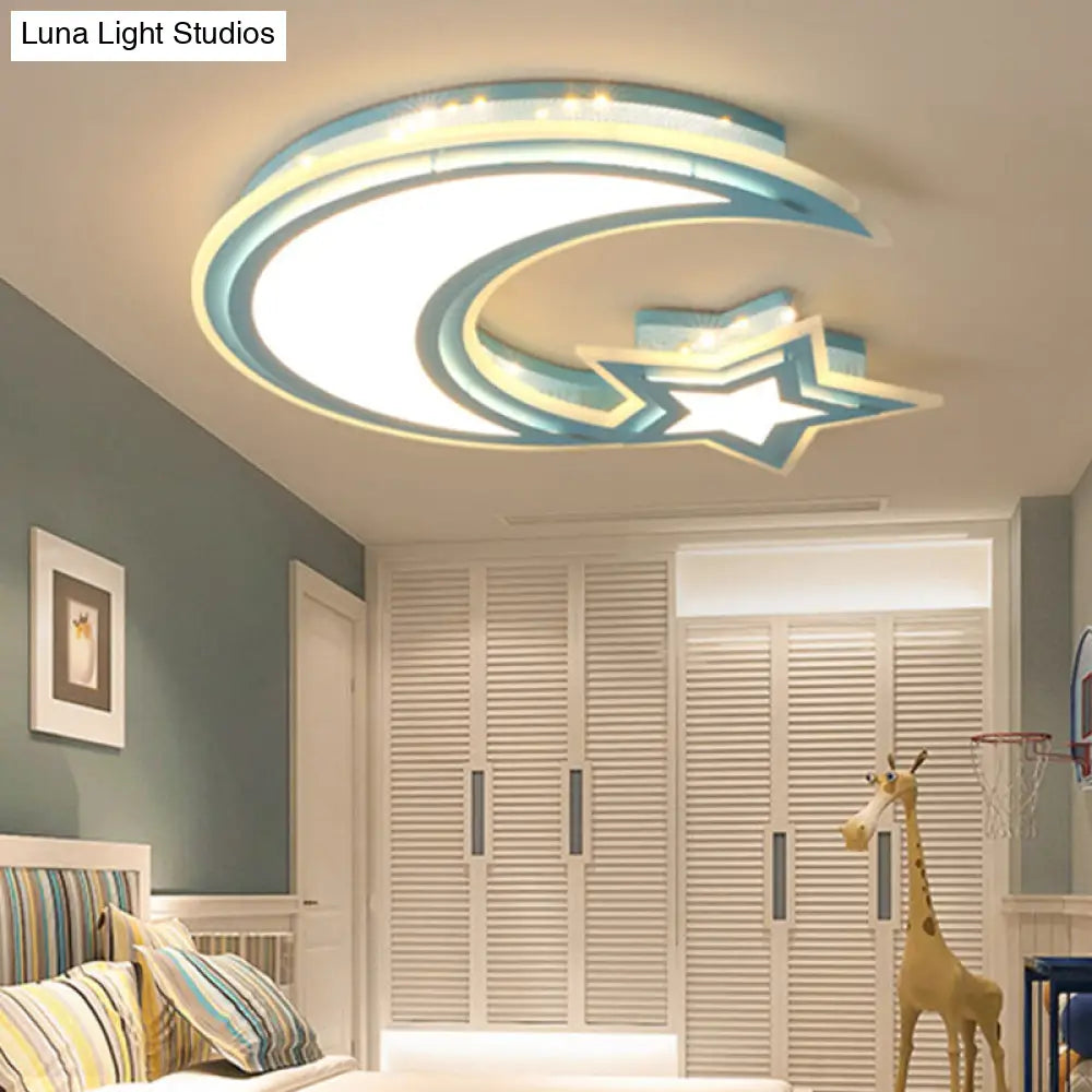 Kids Cartoon Acrylic Led Flush Ceiling Light - Crescent And Star Design For Bedroom Blue / White