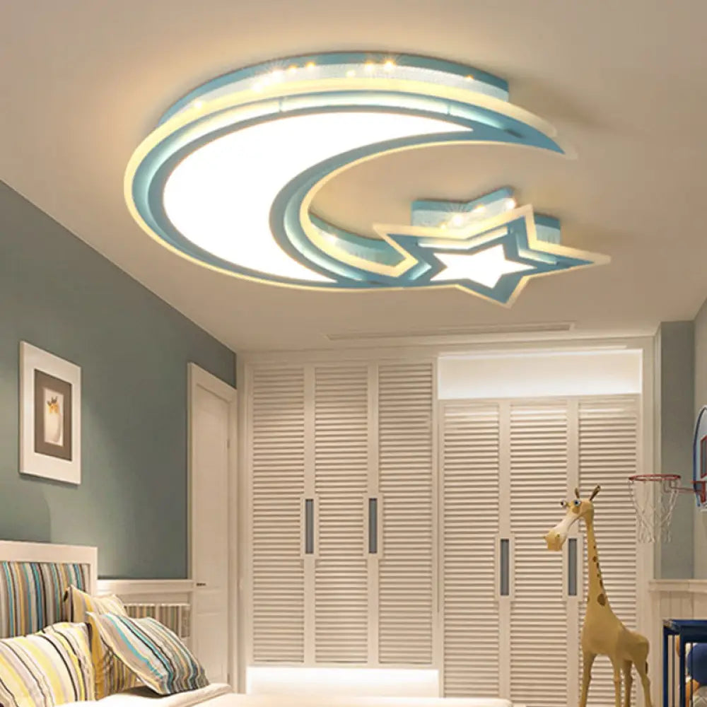 Kids’ Cartoon Acrylic Led Flush Ceiling Light - Crescent And Star Design For Bedroom Blue / White