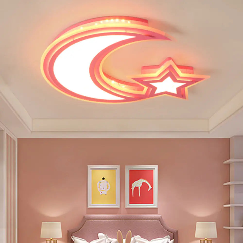 Kids’ Cartoon Acrylic Led Flush Ceiling Light - Crescent And Star Design For Bedroom Pink / White