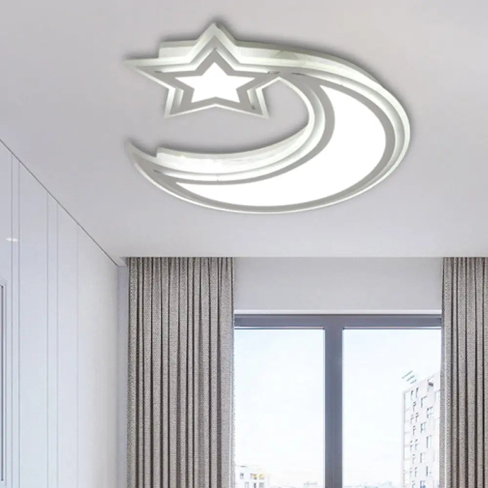 Kids’ Cartoon Acrylic Led Flush Ceiling Light - Crescent And Star Design For Bedroom White /