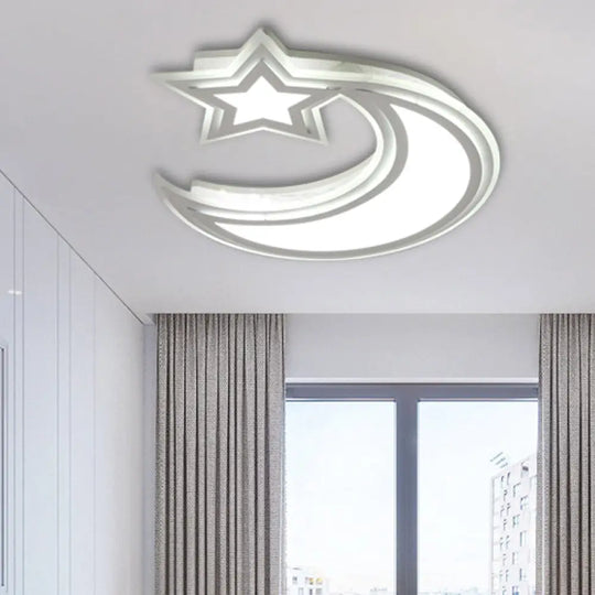 Kids’ Cartoon Acrylic Led Flush Ceiling Light - Crescent And Star Design For Bedroom White /