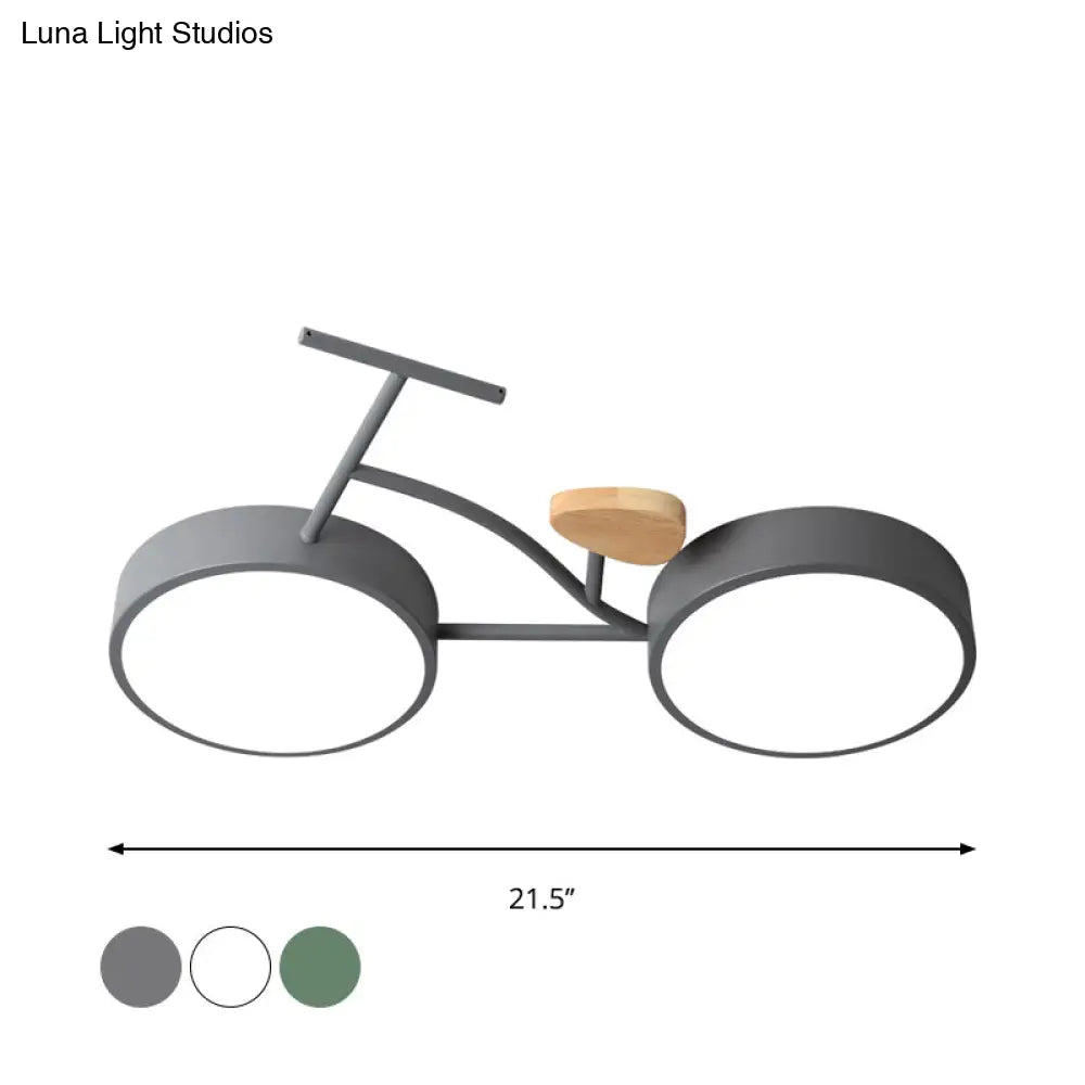 Kids Cartoon Bicycle Led Ceiling Lamp - Grey/White/Green Warm/White Light Semi Flush Mount For