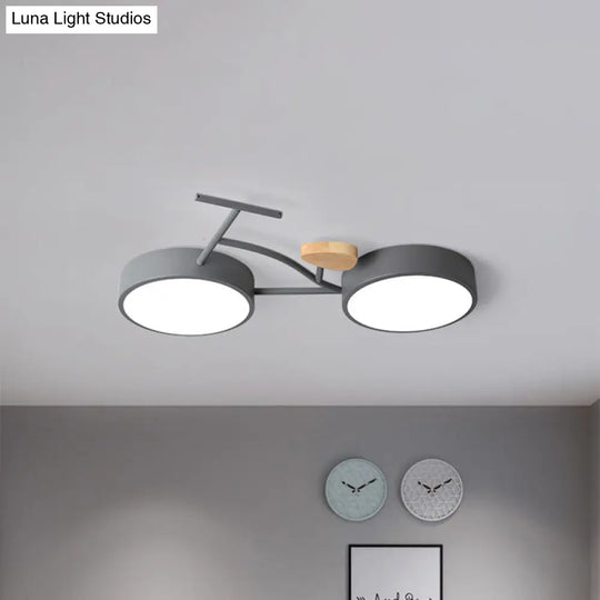 Kids Cartoon Bicycle Led Ceiling Lamp - Grey/White/Green Warm/White Light Semi Flush Mount For